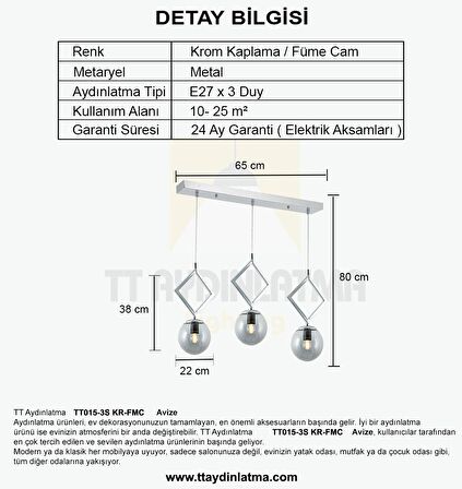 TT015-3S KR TT Aydınlatma Krom Kaplama Füme Camlı 3 lü Sıralı Avize