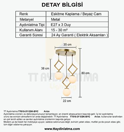 TT015-3Y ESK TT Aydınlatma Eskitme Kaplama Beyaz Camlı 3 lü Yuvarlak Avize