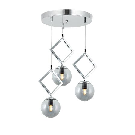 TT015-3Y KR TT Aydınlatma Krom Kaplama Füme Camlı 3 lü Yuvarlak Avize
