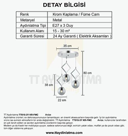 TT015-3Y KR TT Aydınlatma Krom Kaplama Füme Camlı 3 lü Yuvarlak Avize