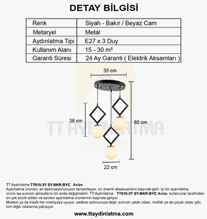 TT015-3Y SY TT Aydınlatma Mat Siyah - Bakır Beyaz Camlı 3 lü Yuvarlak Avize