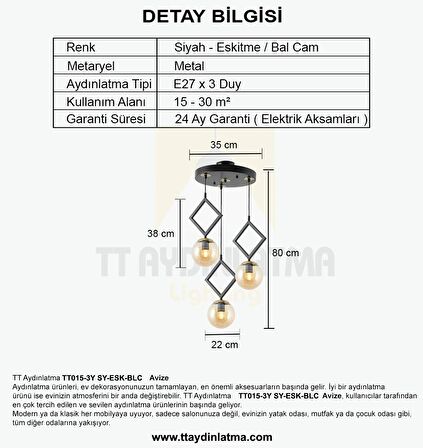 TT015-3Y SY TT Aydınlatma Mat Siyah - Eskitme Bal Camlı 3 lü Yuvarlak Avize