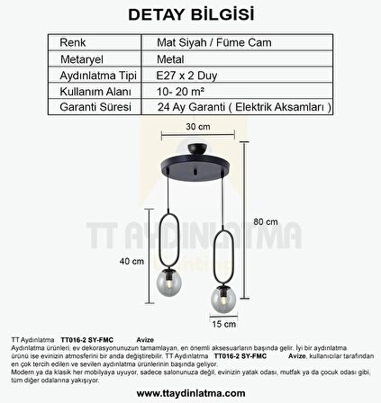 Tt016-2 Sy Mat Siyah Füme Camlı 2 Li Avize