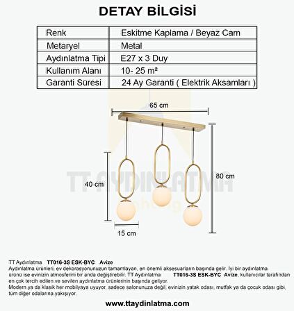 TT016-3S ESK TT Aydınlatma Eskitme Kaplama Beyaz Camlı 3 lü Sıralı Avize