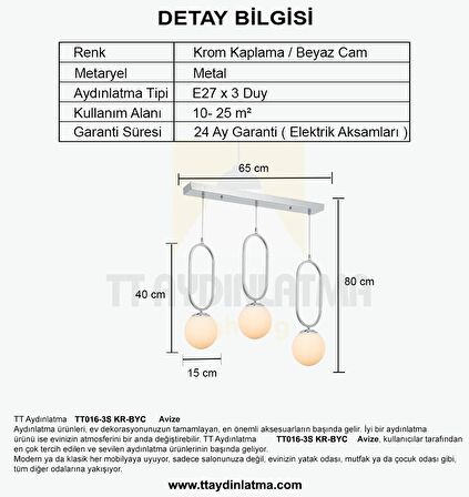 TT016-3S KR TT Aydınlatma Krom Kaplama Beyaz Camlı 3 lü Sıralı Avize