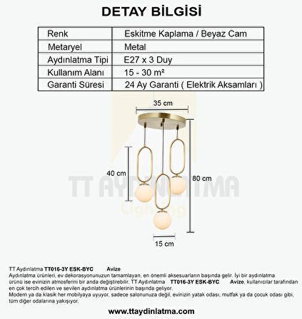 TT016-3Y ESK TT Aydınlatma Eskitme Kaplama Beyaz Camlı 3 lü Yuvarlak Avize