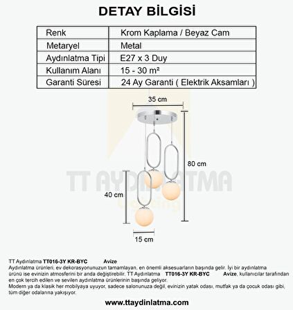 TT016-3Y KR TT Aydınlatma Krom Kaplama Beyaz Camlı 3 lü Yuvarlak Avize