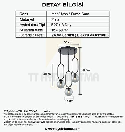 TT016-3Y SY TT Aydınlatma Mat Siyah Füme Camlı 3 lü Yuvarlak Avize