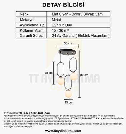 TT016-3Y SY TT Aydınlatma Mat Siyah - Bakır Beyaz Camlı 3 lü Yuvarlak Avize