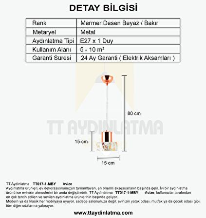 TT017-1-MBY TT Aydınlatma Mermer Desen Tekli Beyaz Avize