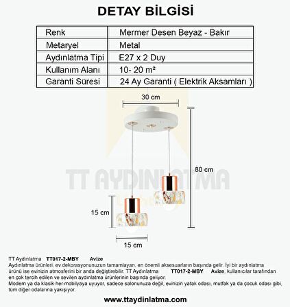 TT017-2-MBY TT Aydınlatma Mermer Desen 2 li Beyaz Avize