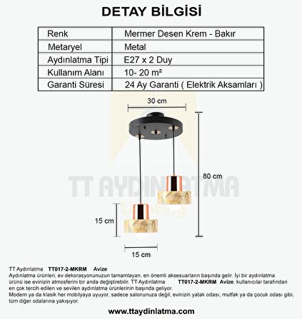 TT017-2-MKRM TT Aydınlatma Mermer Desen 2 li Krem Avize
