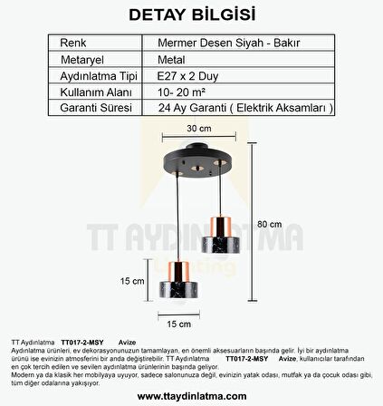 TT017-2-MSY TT Aydınlatma Mermer Desen 2 li Siyah Avize