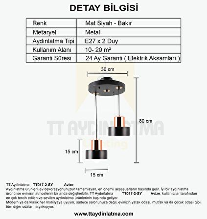 TT017-2-SY TT Aydınlatma Mat Siyah 2 li Avize