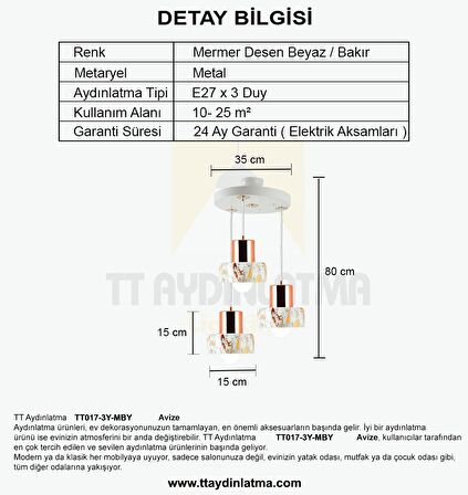 TT017-3Y-MBY TT Aydınlatma Mermer Desen 3 lü Yuvarlak Beyaz Avize