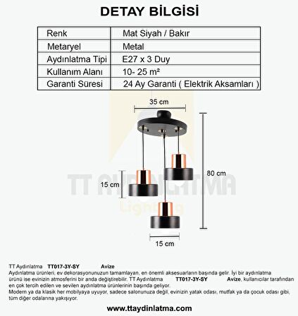 TT017-3Y-SY TT Aydınlatma Mat Siyah 3 lü Avize