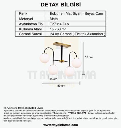 TT010-4 ESK TT Aydınlatma Eskitme Rengi Kaplama 4 lü Beyaz Camlı Lüks Avize
