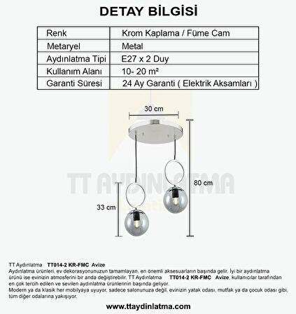 TT014-2 KR TT Aydınlatma Krom Kaplama Füme Camlı 2 li Avize