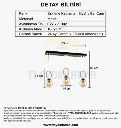 TT014-3S ESK TT Aydınlatma Eskitme Kaplama - Siyah Bal Camlı 3 lü Sıralı Avize