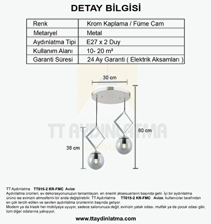 TT015-2 KR TT Aydınlatma Krom Kaplama Füme Camlı 2 li Avize