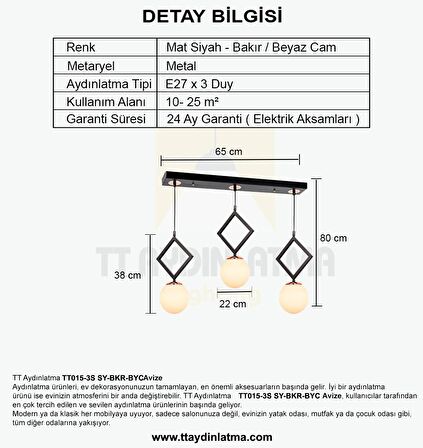 TT015-3S SY TT Aydınlatma Mat Siyah - Bakır Beyaz Camlı 3 lü Sıralı Avize