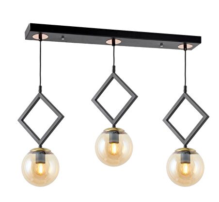 TT015-3S SY TT Aydınlatma Mat Siyah - Eskitme Bal Camlı 3 lü Sıralı Avize
