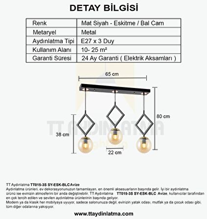 TT015-3S SY TT Aydınlatma Mat Siyah - Eskitme Bal Camlı 3 lü Sıralı Avize