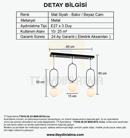 TT016-3S SY TT Aydınlatma Mat Siyah - Bakır Beyaz Camlı 3 lü Sıralı Avize