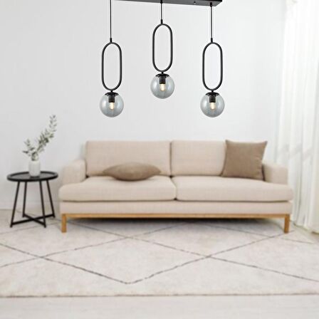 TT016-3S SY TT Aydınlatma Mat Siyah Füme Camlı 3 lü Sıralı Avize