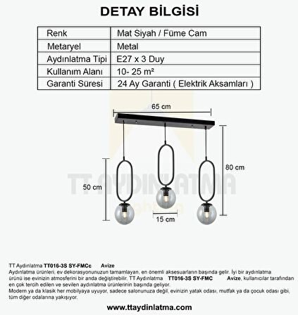 TT016-3S SY TT Aydınlatma Mat Siyah Füme Camlı 3 lü Sıralı Avize