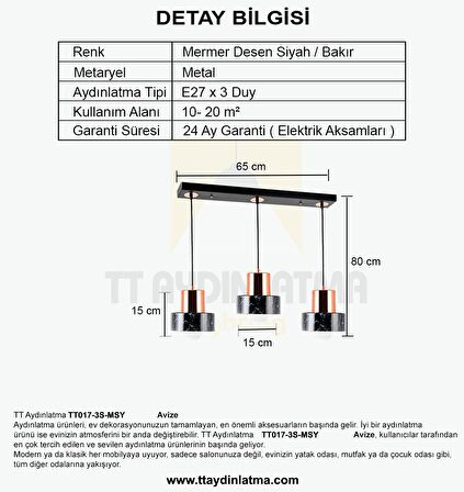 TT017-3S-MSY TT Aydınlatma Mermer Desen 3 lü Sıralı Siyah Avize