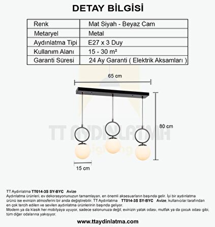 TT014-3S SY TT Aydınlatma Mat Siyah - Beyaz Camlı 3 lü Sıralı Avize