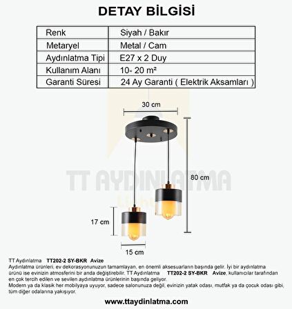 TT202-2-SY TT Aydınlatma Siyah-Bakır 2 li Avize