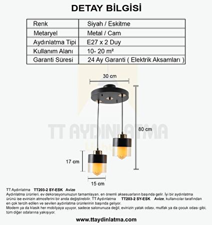 TT203-2-SY TT Aydınlatma Siyah - Eskitme 2 li Avize