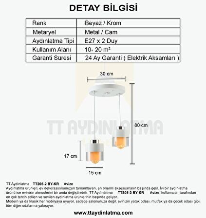 TT205-2-BY TT Aydınlatma Beyaz - Krom 2 li Avize