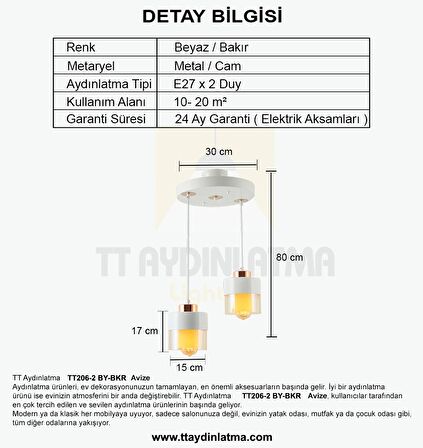 TT206-2-BY TT Aydınlatma Beyaz - Bakır 2 li Avize