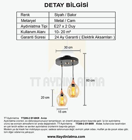 TT209-2-SY TT Aydınlatma Basık Camlı Siyah - Bakır 2 li Avize