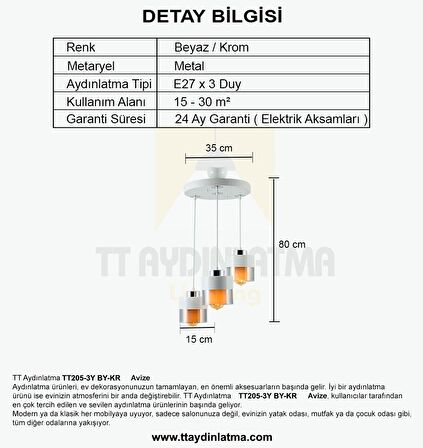 TT205-3Y-BY TT Aydınlatma Beyaz - Krom 3 lü Yuvarlak Avize