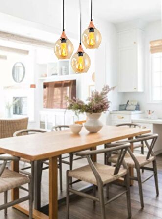 TT209-3Y-SY TT Aydınlatma Basık Camlı Siyah - Bakır 3 lü Yuvarlak Avize