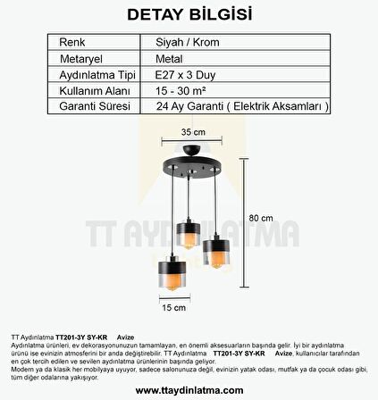 TT201-3Y-SY TT Aydınlatma Siyah-Krom 3 lü Yuvarlak Avize