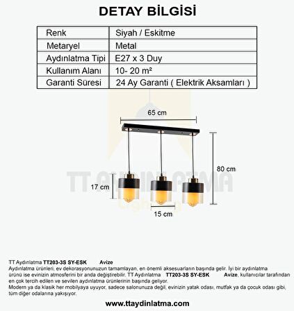 TT203-3S-SY TT Aydınlatma Siyah-Eskitme 3 lü Sıralı Avize