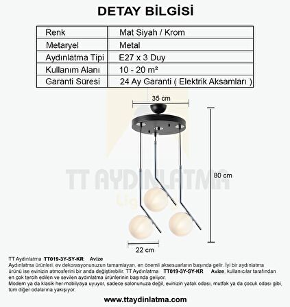TT019-3Y-SY-KR TT Aydınlatma Krom 3 lü Dirsek Kol Yuvarlak Avize