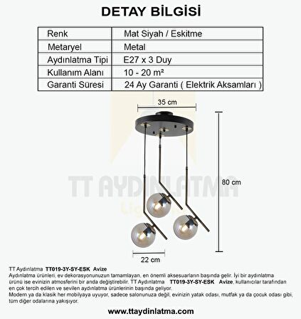 TT019-3Y-SY-ESK TT Aydınlatma Eskitme 3 lü Dirsek Kol Yuvarlak Avize