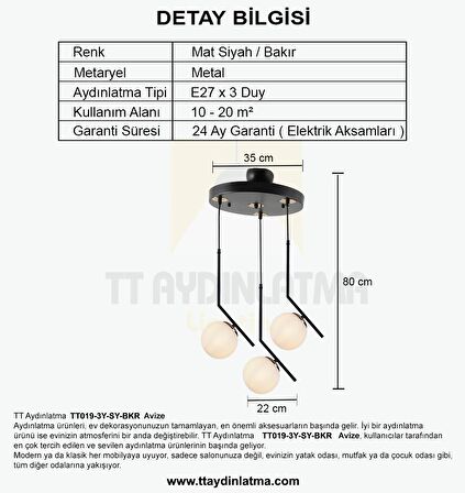 TT019-3Y-SY-BKR TT Aydınlatma Mat Siyah-Bakır 3 lü Dirsek Kol Yuvarlak Avize