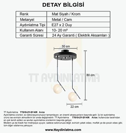 TT019-2Y-SY-KR TT Aydınlatma Mat Siyah - Krom 2  li Dirsek Kol Avize