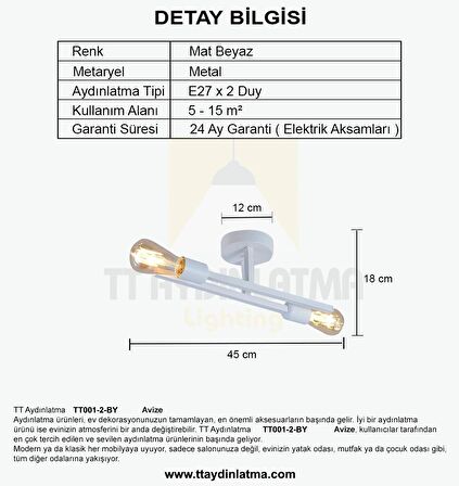 TT001-2-BY TT Aydınlatma Plofonyer 2 li Mat Beyaz Avize