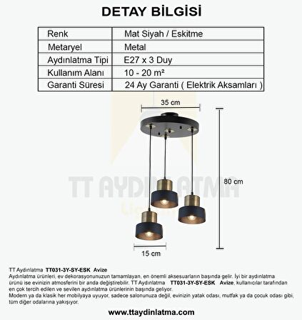 TT031-3Y-SY-ESK TT Aydınlatma Mat Siyah-Eskitme 3 lü  Yuvarlak Avize