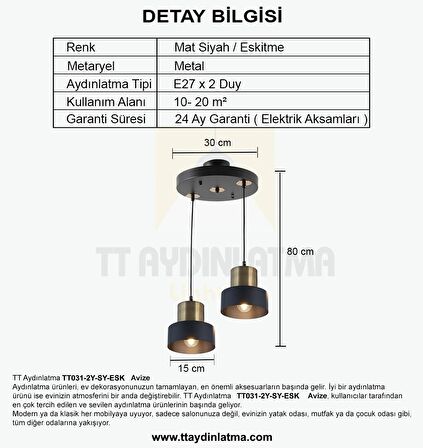 TT031-2Y-SY-ESK TT Aydınlatma Mat Siyah-Eskitme 2 li Yuvarlak Avize