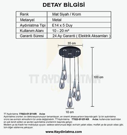 TT023-5Y-SY-KR TT Aydınlatma Krom 5 li Damla Modeli Avize
