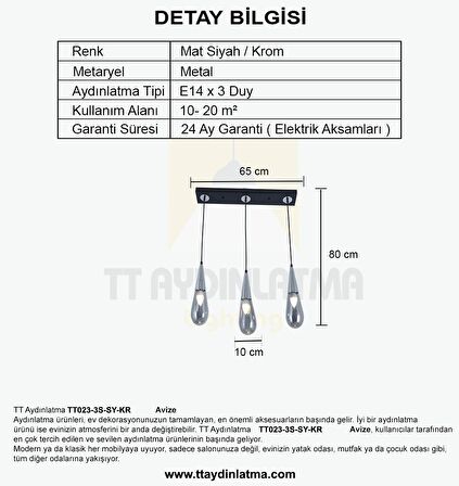 TT023-3S-SY-KR TT Aydınlatma Krom 3 lü Damla Modeli Sıralı Avize